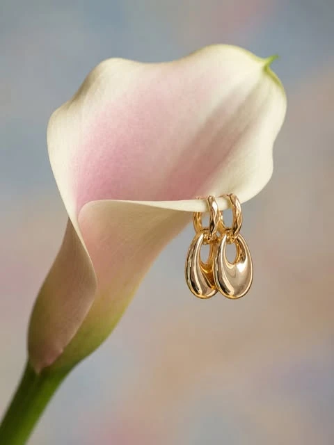 Aretes dorados sobre una flor rosa
